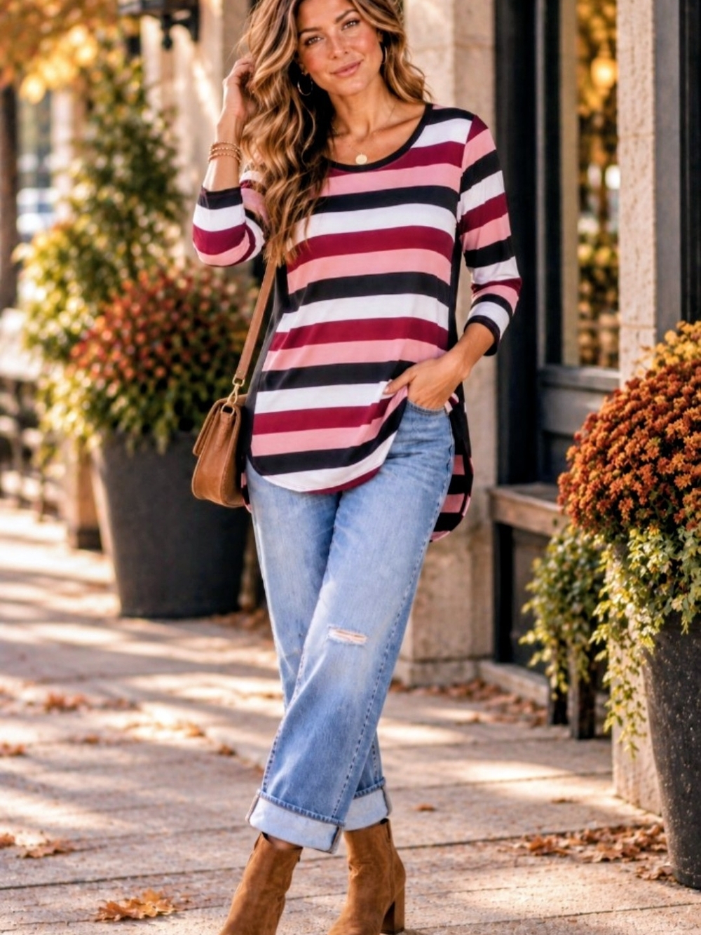 Market & Spruce Burgundy Pink Black Striped Sleeve Tunic Top M Fall